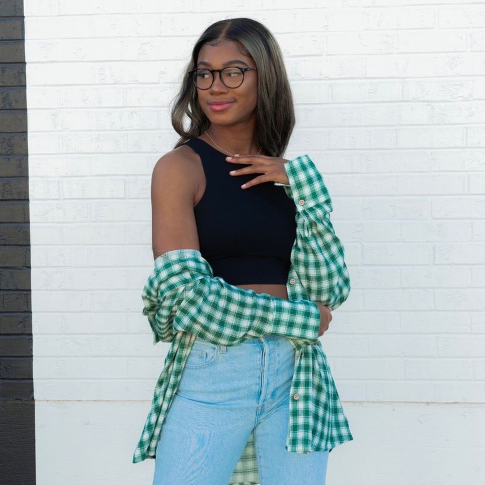 Lovely + Blush Green 100% Cotton Plaid Top Small - Picture 9 of 9